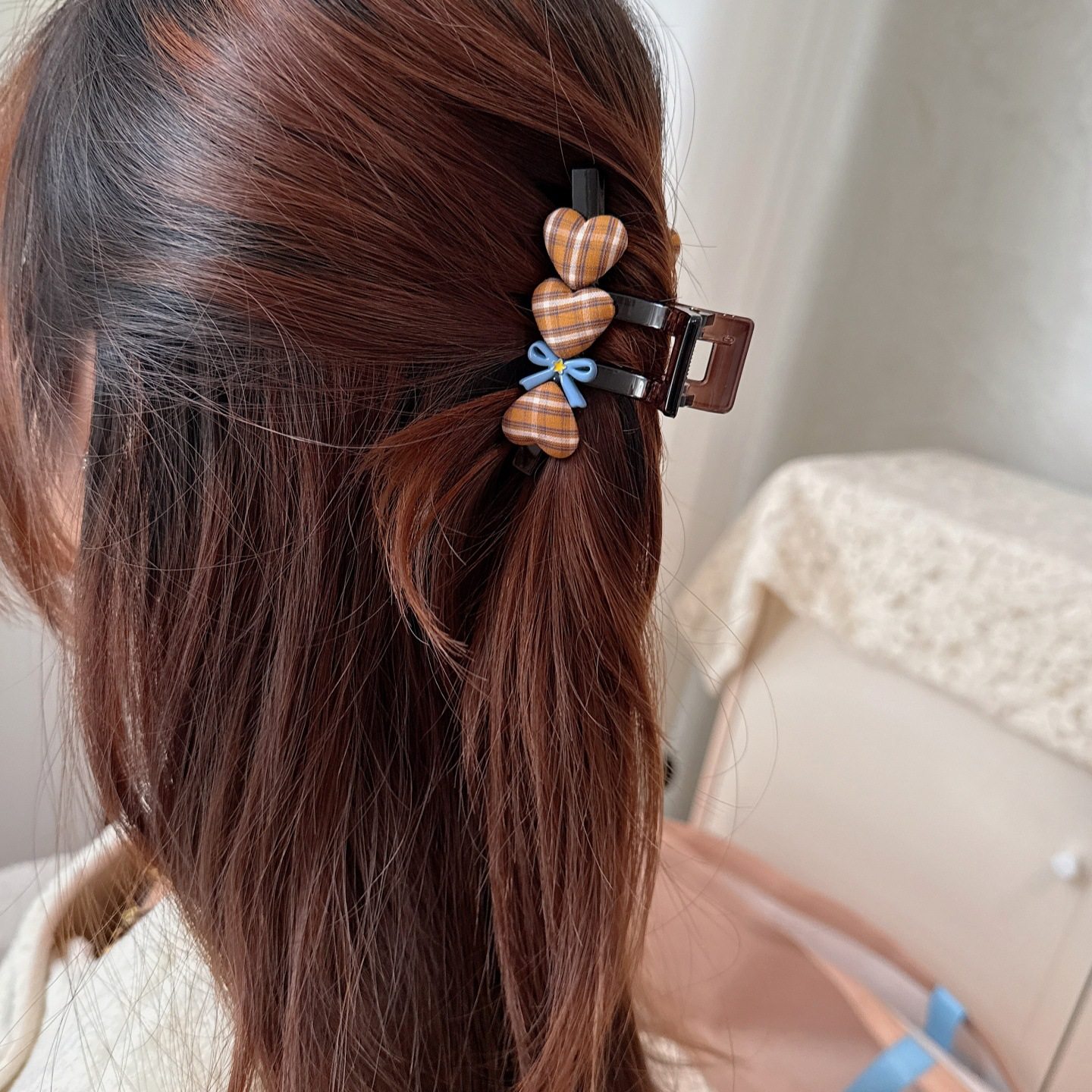 学院风格纹爱心蝴蝶结抓夹少女气质中号鲨鱼夹后脑勺半扎拼色发卡,淘宝优惠券,粉丝福利购,淘宝优惠卷