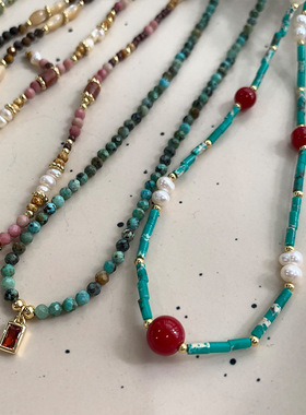 天然石复古项链淡水珍珠玛瑙水晶串珠设计感小众锁骨链法式项链