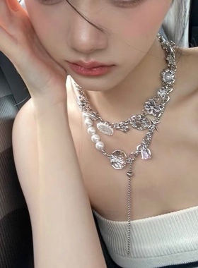 日落公园“月光粉玫瑰” 原创新款珍珠玫瑰组合设计感项链