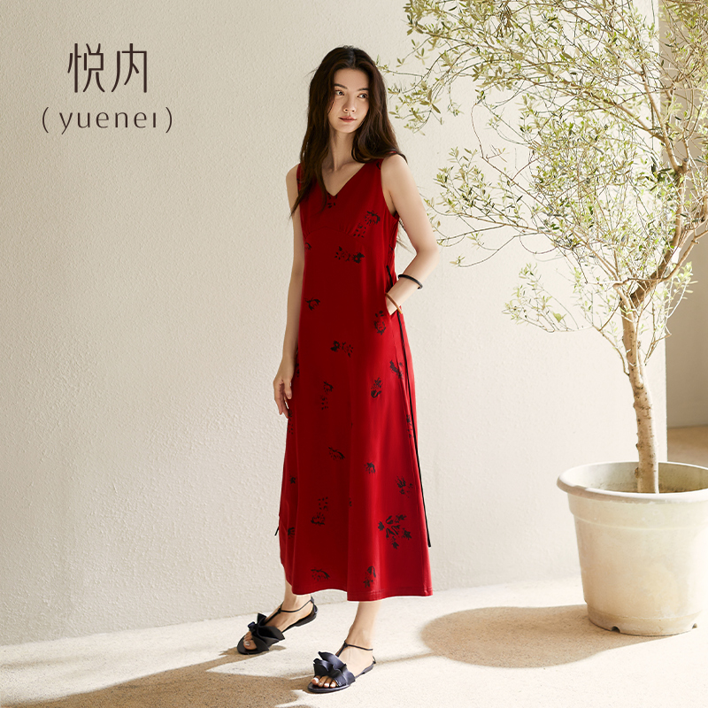 悦内带胸垫睡裙女款睡衣夏季夏天莫代尔无袖吊带背心连衣裙子红色 - 图0
