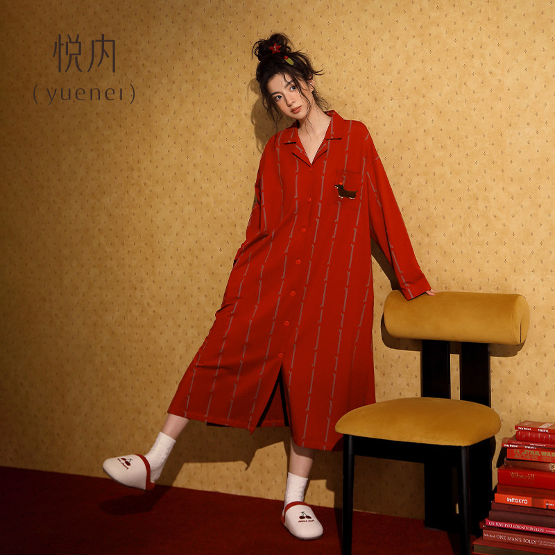 悦内睡裙女睡衣春秋季纯棉长袖长款宽松大码条纹开衫大红色本命年,淘宝优惠券,粉丝福利购,淘宝优惠卷