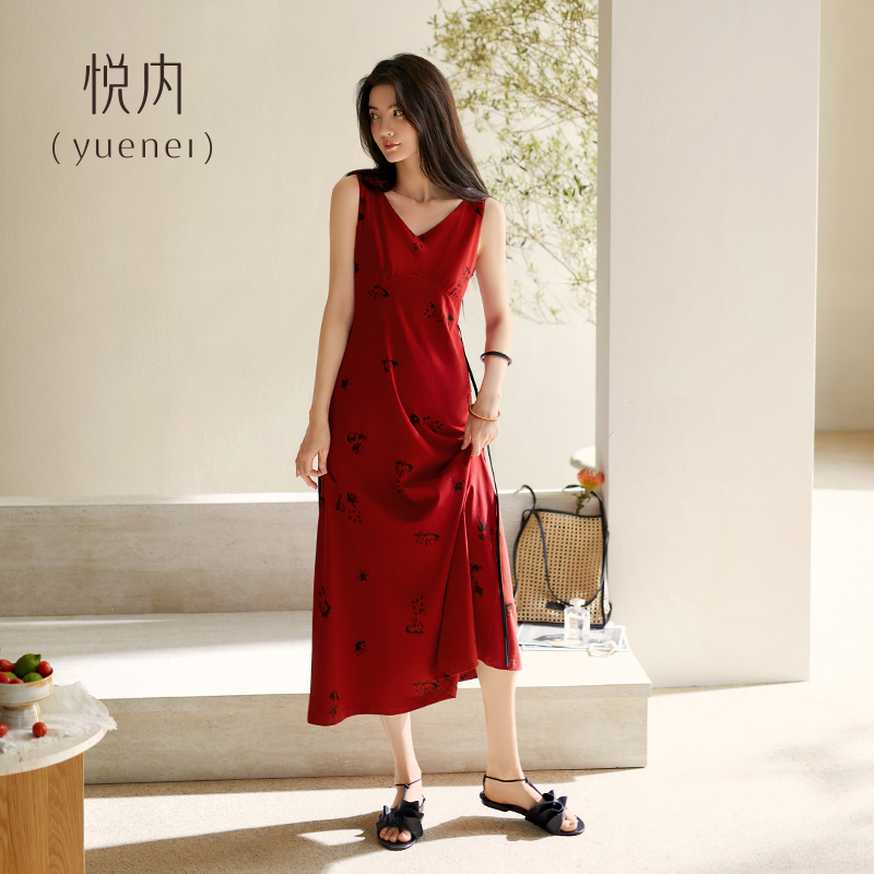 悦内带胸垫睡裙女款睡衣夏季夏天莫代尔无袖吊带背心连衣裙子红色 - 图3