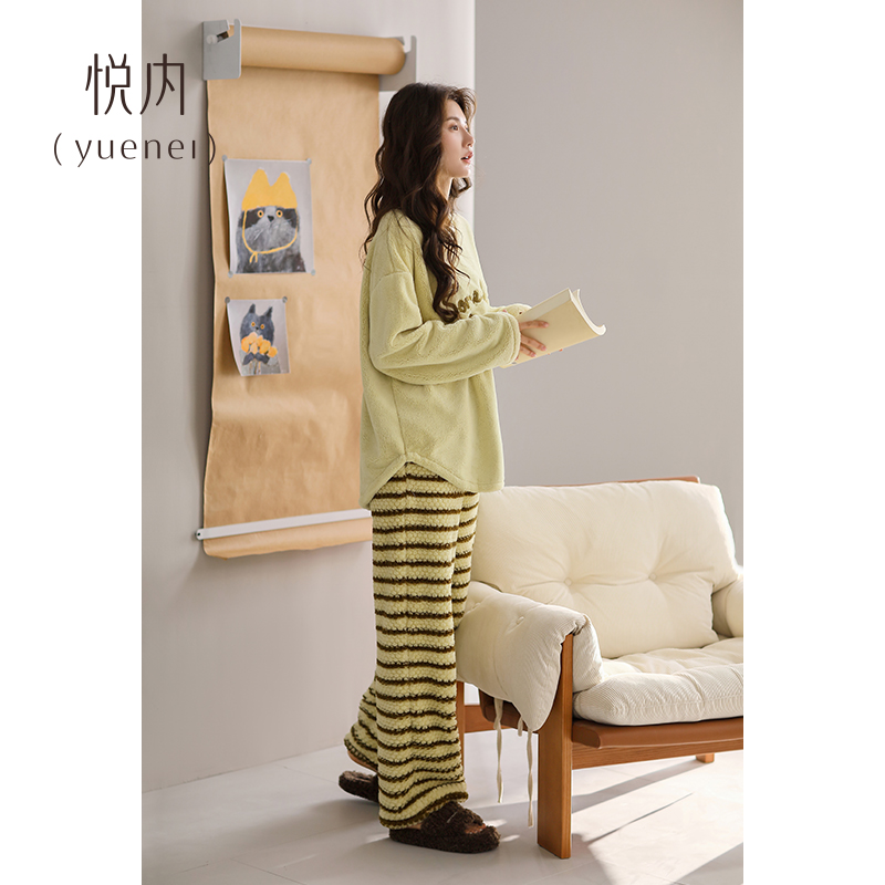 悦内睡衣女士秋冬季冬款珊瑚绒加绒加厚法兰绒冬天家居服圆领套头 - 图2