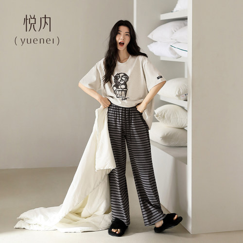 悦内带胸垫睡衣女款夏季夏天纯棉短袖长裤家居服女休闲可外穿条纹 - 图2