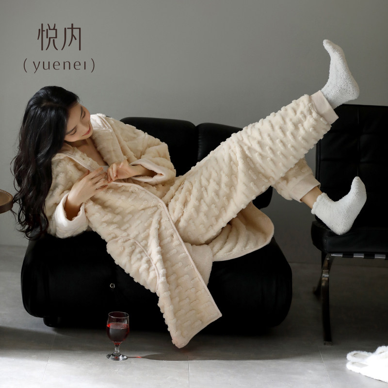 睡衣女士睡袍秋冬季冬款珊瑚绒加厚加绒法兰绒家居服连帽长款套装,淘宝优惠券,粉丝福利购,淘宝优惠卷