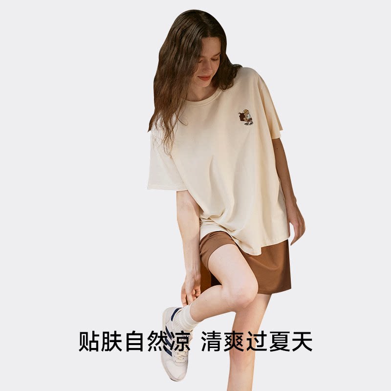 TeenieWeenie小熊莱赛尔冰丝睡衣带胸垫一体女夏季情侣家居服套装