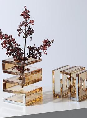 现代欧式轻奢S方形水晶花瓶客厅桌面插花器软高级设计师饰品摆件