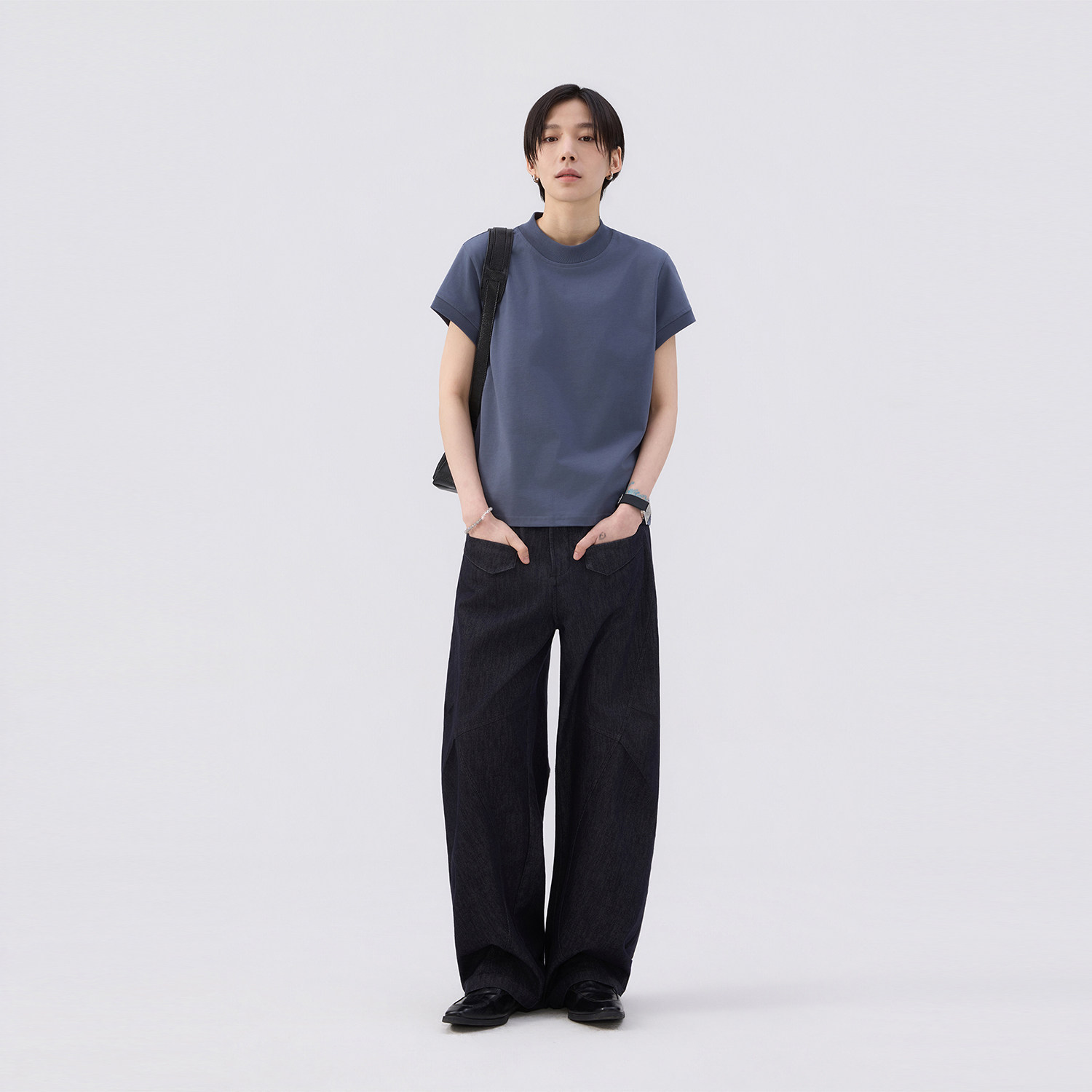 sameuoo散养文化「画布」纯色百搭正肩短袖t恤女夏短款半高领上衣