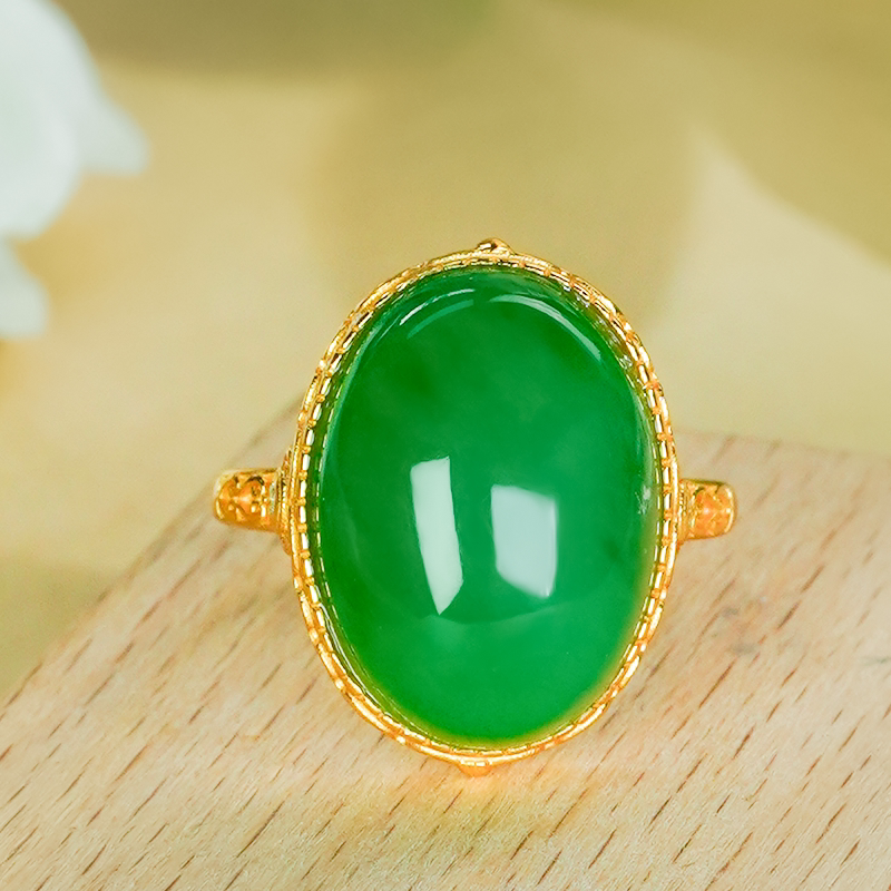 925 silver inlaid with natural Hetian jade jasper apple green cabochon ring, fashionable and simple hollow ring