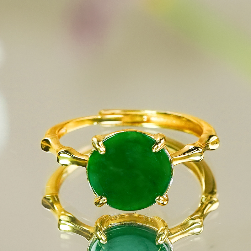 Chinese Valentine's Day gift, natural Burmese jade A grade silver inlaid fashionable bamboo design full green jade medal ring