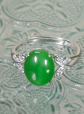 送老婆送爱人天然和田玉银镶嵌时尚蝴蝶设计感碧玉菠菜绿猫眼戒指