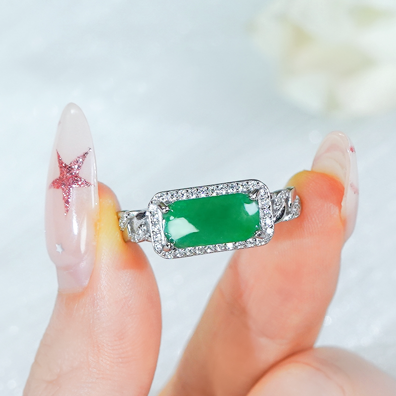 Natural jade A grade silver inlaid fashionable hollow braid design full green jade Wushi brand ring