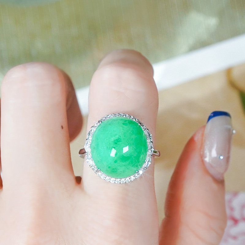 Mid-Autumn Festival gift silver inlaid natural Burmese jade ring Jade A cargo full of green sun green egg face open ring