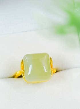 步步高升天然和田玉银镶嵌时尚竹节设计晴水方糖戒指