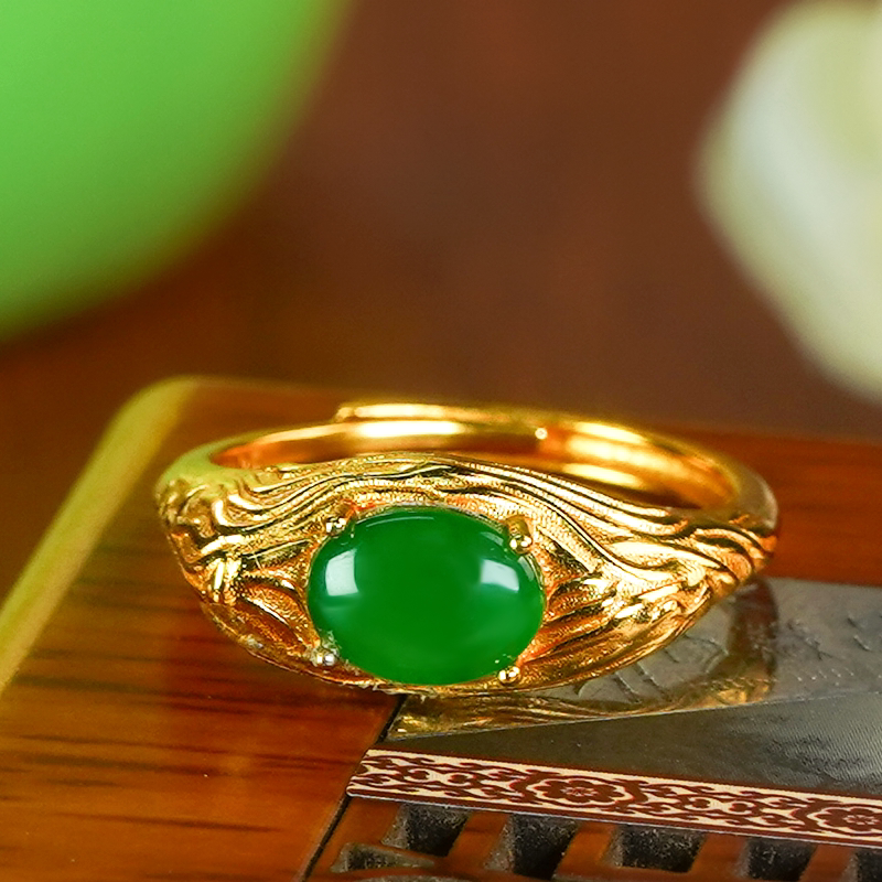 Valentine's Day gift silver inlaid with natural jade A-grade fashionable and exquisite niche design full green oval cabochon ring