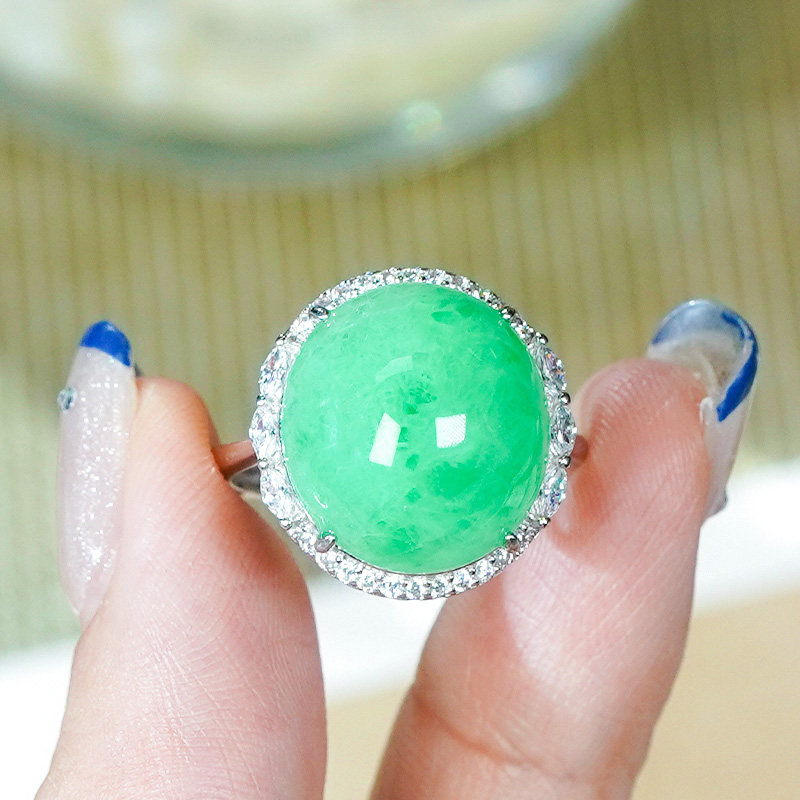 Mid-Autumn Festival gift silver inlaid natural Burmese jade ring Jade A cargo full of green sun green egg face open ring