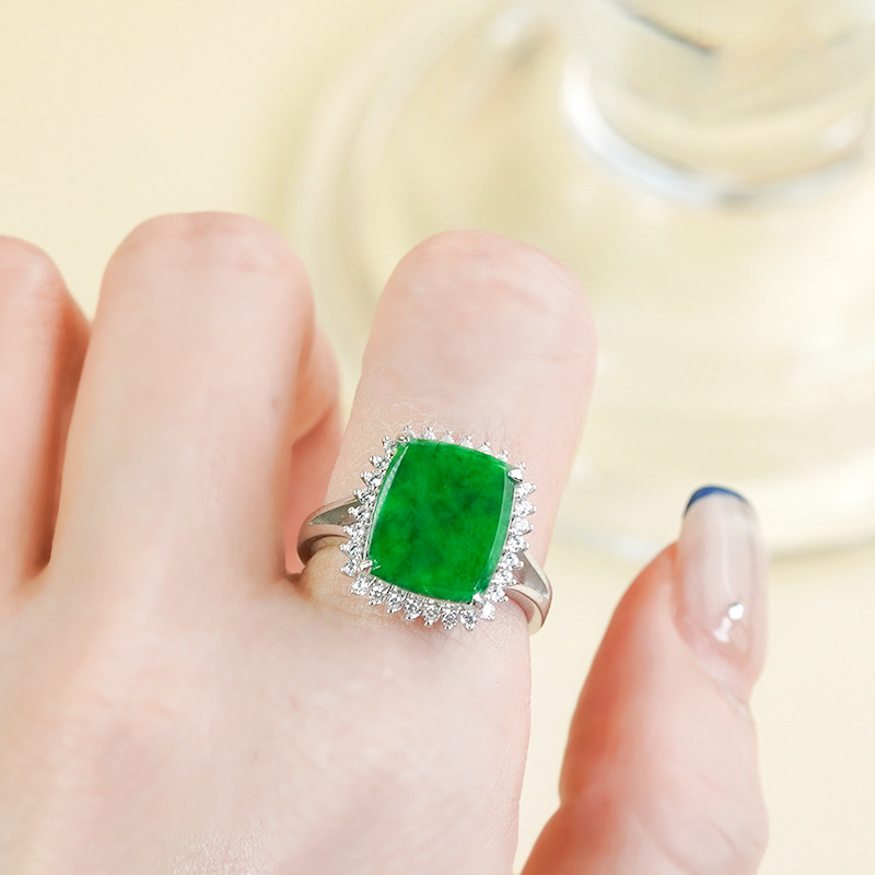 Silver inlaid natural A-quality jade ring A-quality square brand open ring