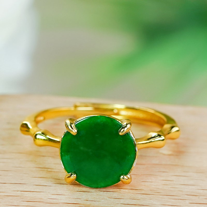 Chinese Valentine's Day gift, natural Burmese jade A grade silver inlaid fashionable bamboo design full green jade medal ring