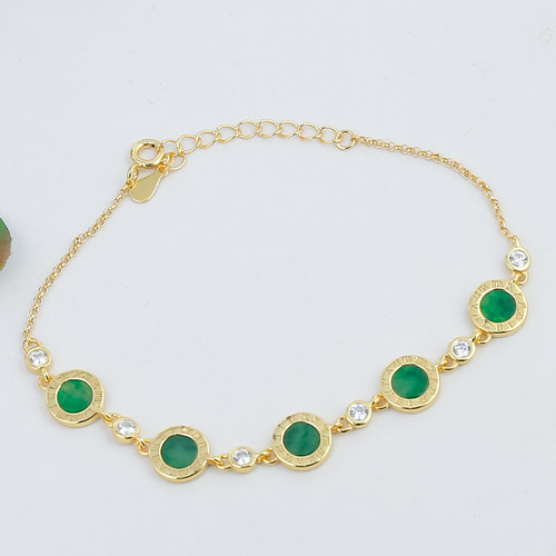 送礼天然翡翠A货银镶嵌时尚百搭罗马数字辣绿翡翠小圆牌五福手链 - 图1