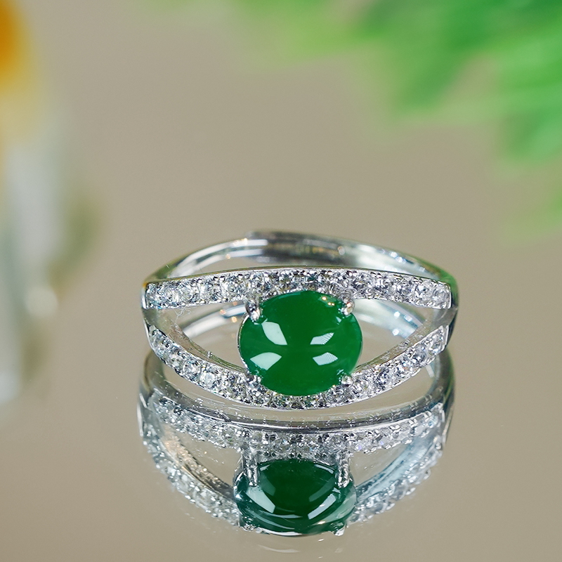 Valentine's Day gift 925 silver inlaid with natural jade A-grade fashionable hollow design full green cabochon jade ring
