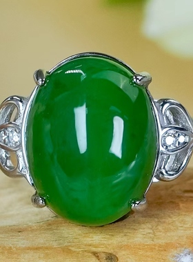 天然和田玉碧玉戒指银镶嵌时尚高级感玉石菠菜绿猫眼蛋面活口戒