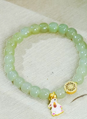 天然和田玉晴水色圆珠手串镶嵌时尚镂空精致兔子手链