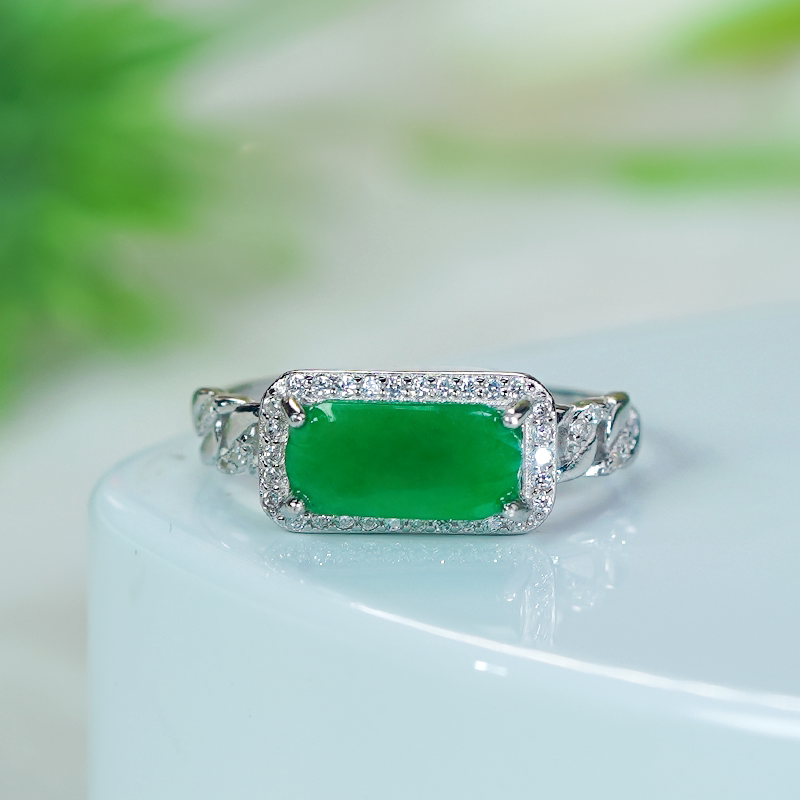 Natural jade A grade silver inlaid fashionable hollow braid design full green jade Wushi brand ring
