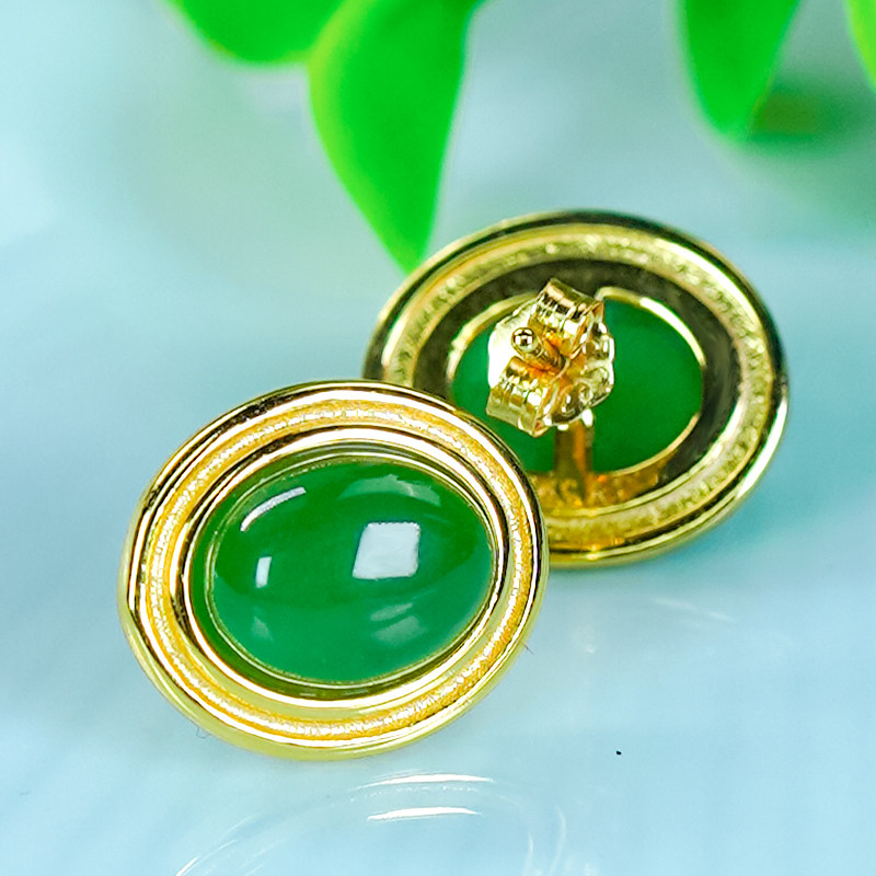 洛丽亚时尚简约椭圆状银镶嵌天然和田玉碧玉菠菜绿蛋面耳钉,淘宝优惠券,粉丝福利购,淘宝优惠卷