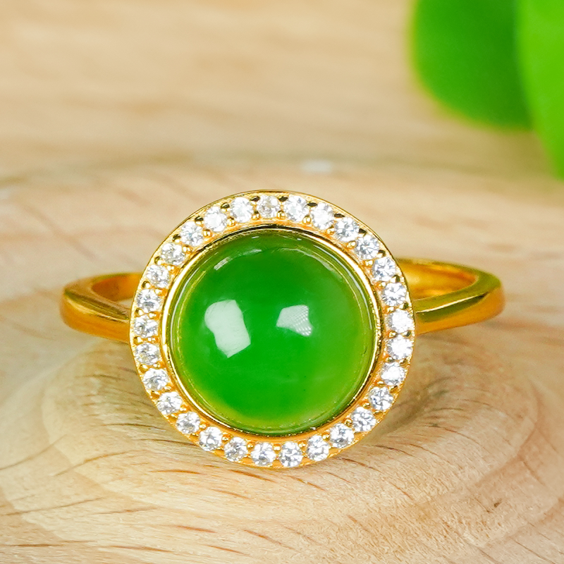 Fashionable and simple jasper cabochon ring with natural Hetian jade and silver inlay, temperament and versatile style (small size