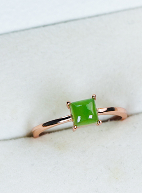 天然和田玉银镶嵌简约气质百搭碧玉方糖戒指