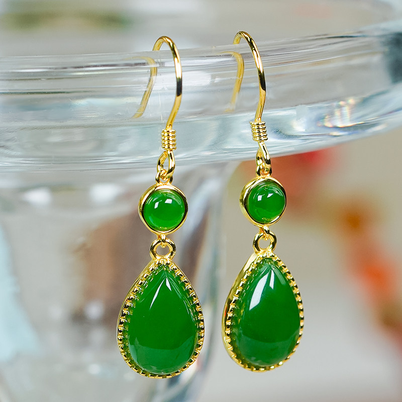 天然和田玉水滴蛋面耳环银镶嵌时尚简约长款碧玉耳钩款送老婆礼物,淘宝优惠券,粉丝福利购,淘宝优惠卷