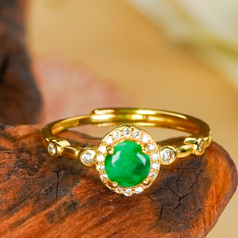 Silver inlaid natural jade ring A-grade fashionable bamboo design full green jade round ring for women