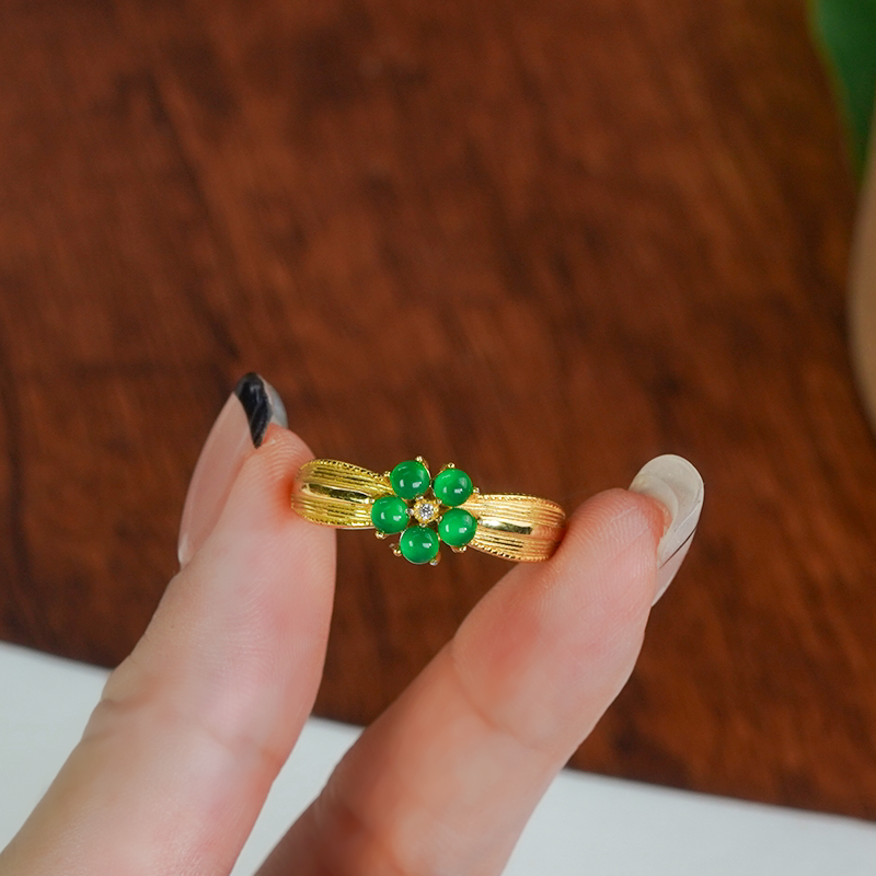 Silver inlaid natural jadeite ring A grade exquisite brushed full green jadeite small egg face plum blossom ring