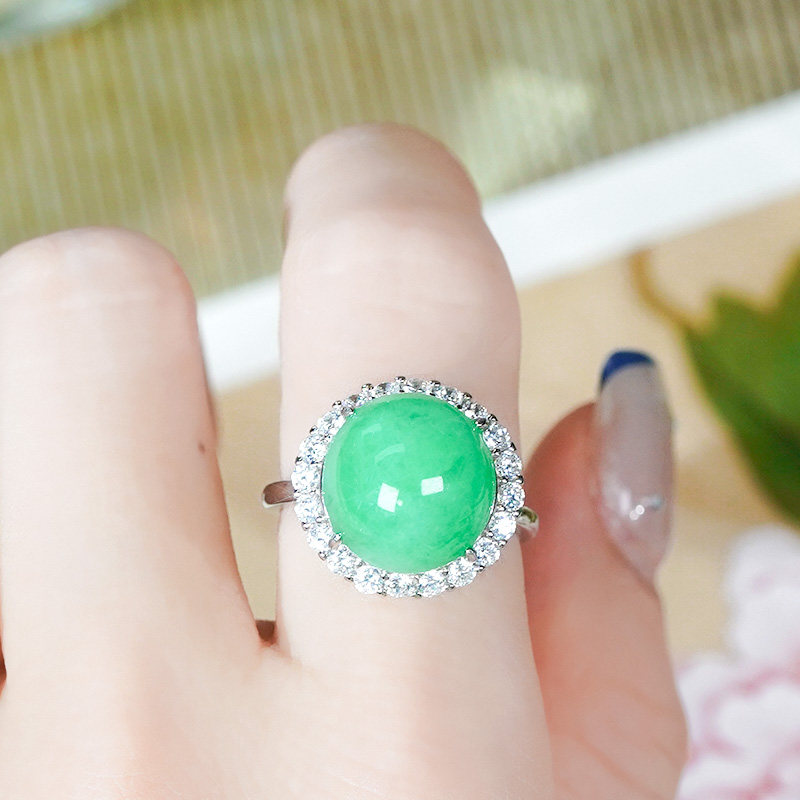 Natural Burmese jadeite ring A grade silver inlaid fashionable and elegant light green jadeite egg surface living ring