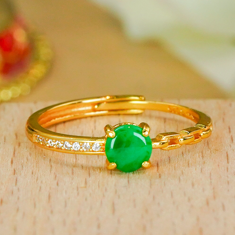 Silver inlaid natural jade ring A-grade fashionable and simple hollow full green round brand live ring for women