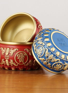 黄铜聚宝盆摆件彩绘红色八宝聚宝盆八福聚宝盆家居客厅聚宝盆摆件