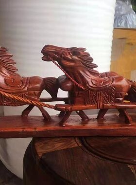 手工雕刻鸡翅木木马拉车摆件