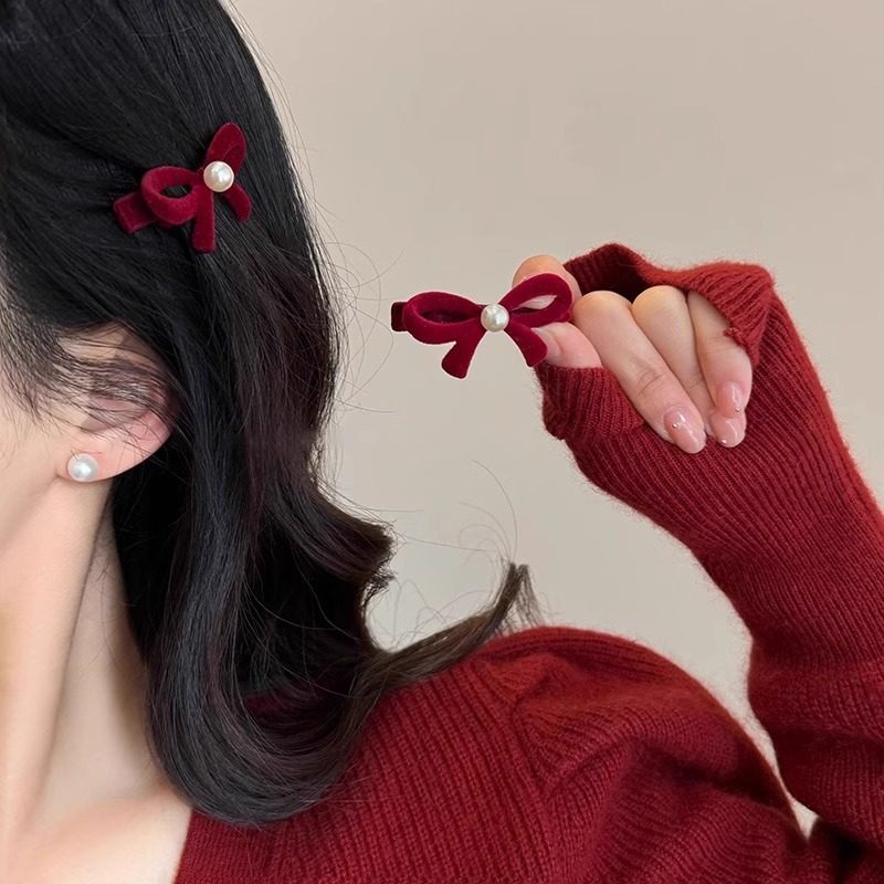 新年红色丝绒珍珠蝴蝶结刘海发夹女感侧马尾编发夹子圣诞头饰,淘宝优惠券,粉丝福利购,淘宝优惠卷