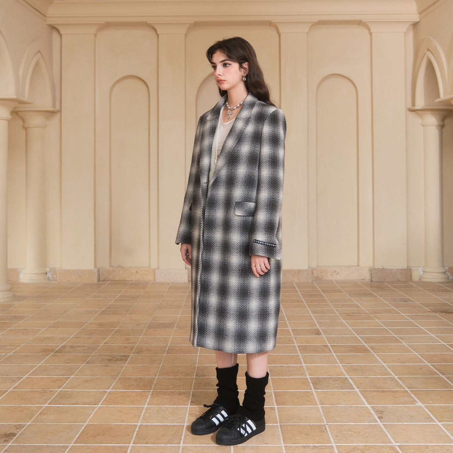 DIANAVEVINA秋冬新款黑白格纹长双面毛呢大衣女宽松保暖外套,淘宝优惠券,粉丝福利购,淘宝优惠卷