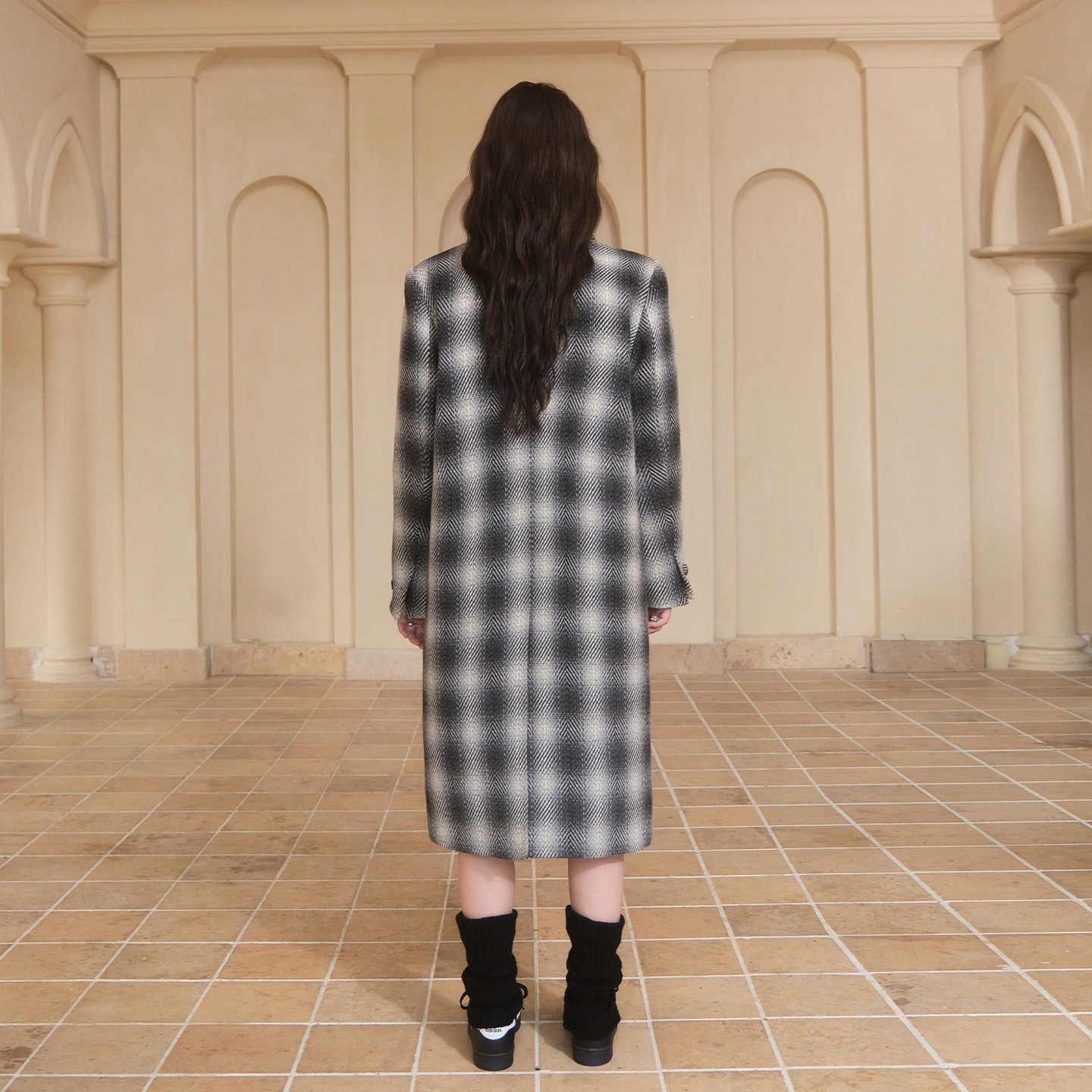 DIANAVEVINA秋冬新款黑白格纹长双面毛呢大衣女宽松保暖外套,淘宝优惠券,粉丝福利购,淘宝优惠卷