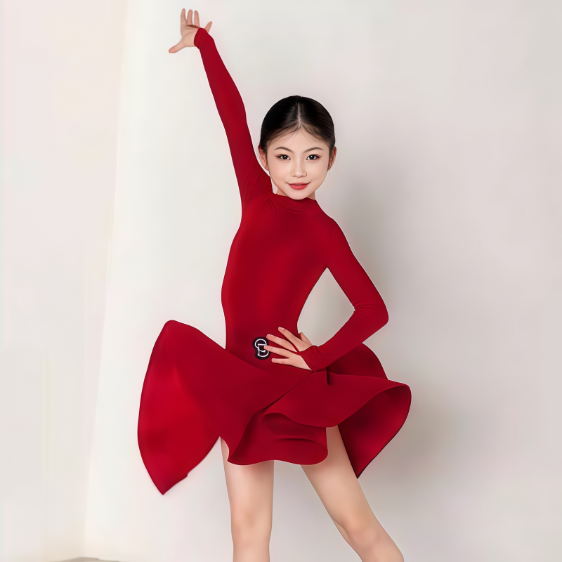 意涵冠军风女童拉丁舞比赛服专业长袖后V丝绒规定服高级感大摆裙 - 图0