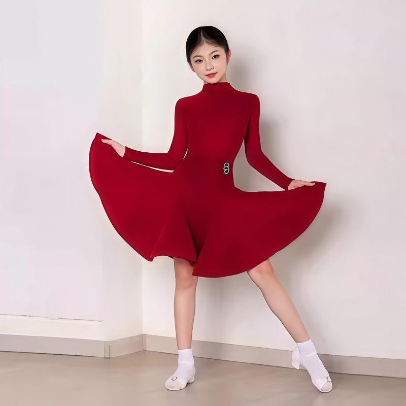 意涵冠军风女童拉丁舞比赛服专业长袖后V丝绒规定服高级感大摆裙 - 图2
