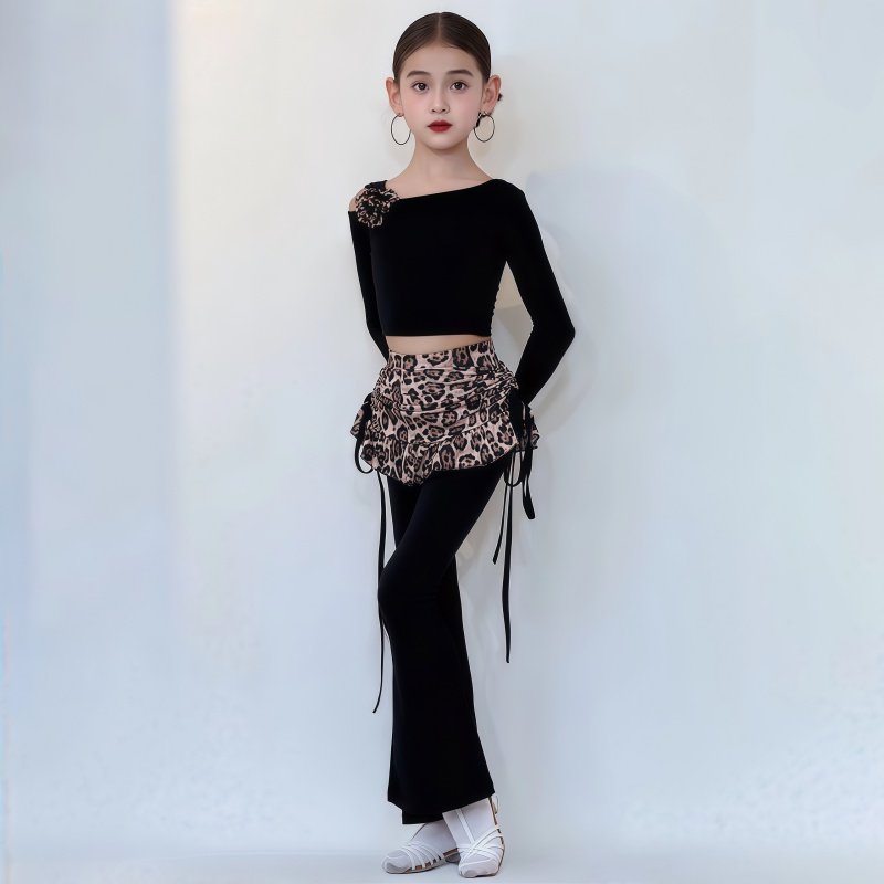 2026冬季新款女童拉丁舞服练习服露肩花朵长袖上衣豹纹喇叭长裤,淘宝优惠券,粉丝福利购,淘宝优惠卷