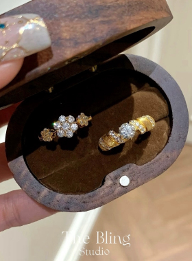 纯银春暖花开中国风满钻六瓣花镀金戒指法式精致微镶钻石花朵指环