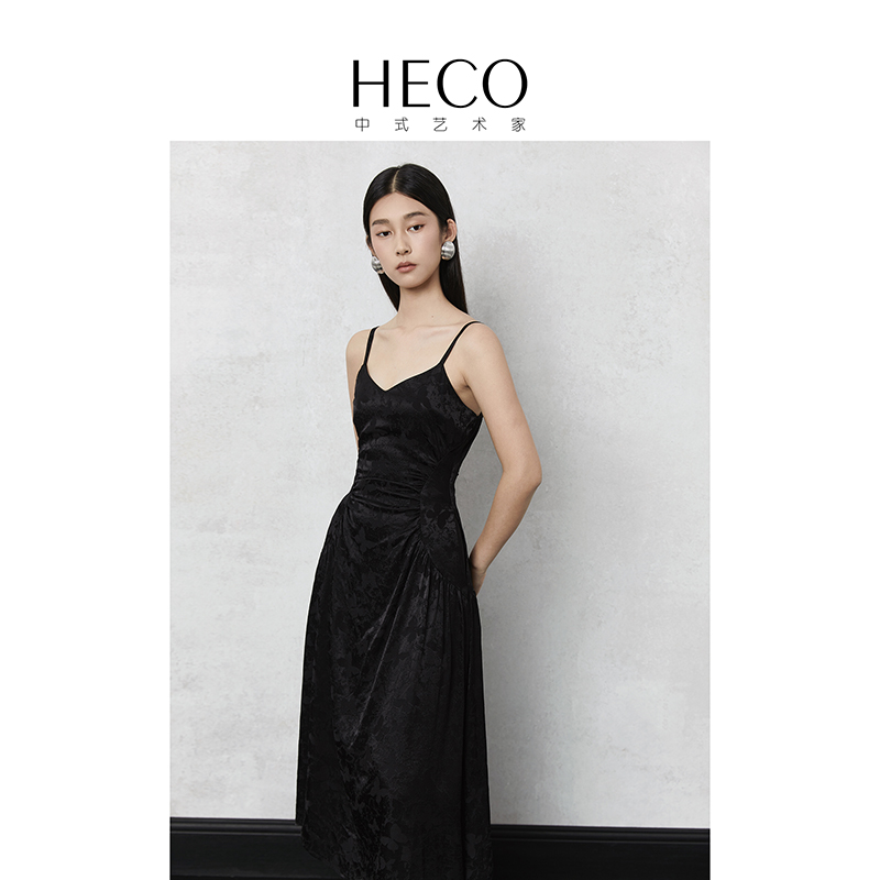 HECO【绸纹】新中式国风初春新款夏季修身气质提花吊带连衣裙女 - 图0