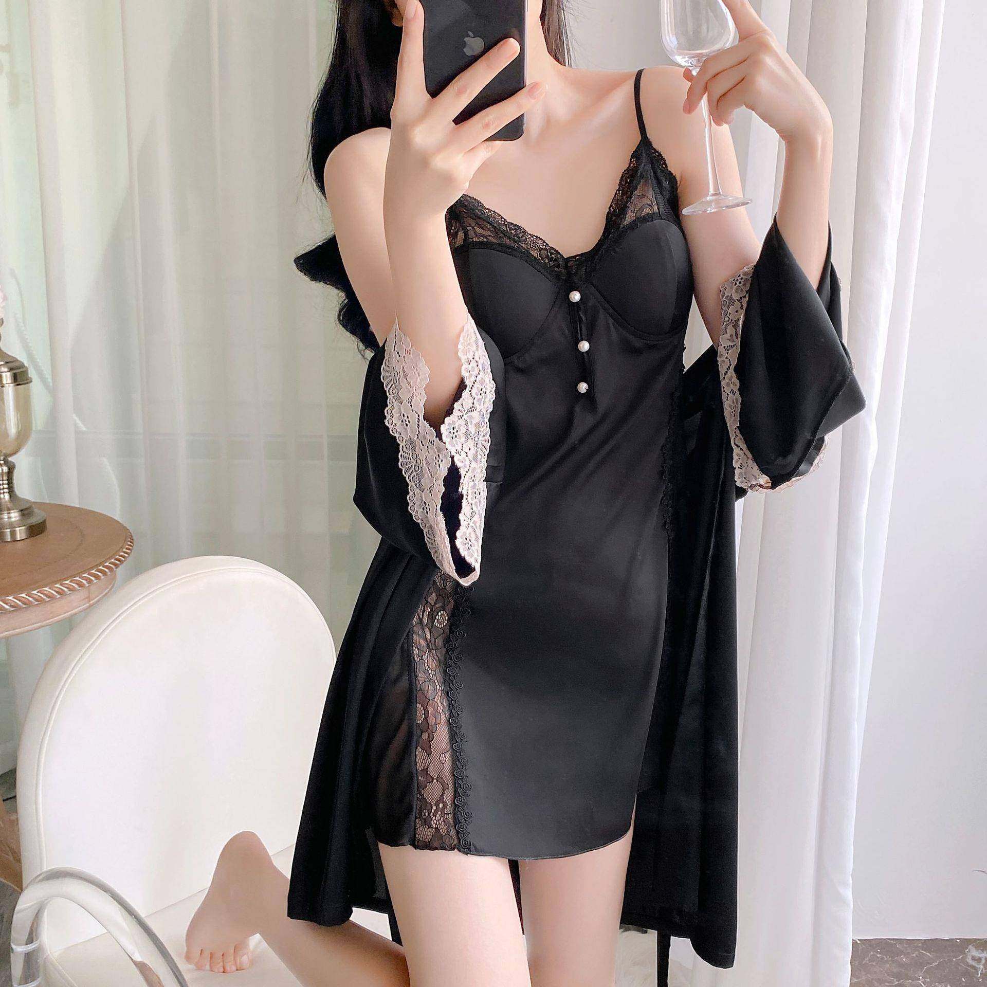 纯欲风性感可爱女生睡裙套装 冰丝吊带裙外袍两件套舒适家居服,淘宝优惠券,粉丝福利购,淘宝优惠卷