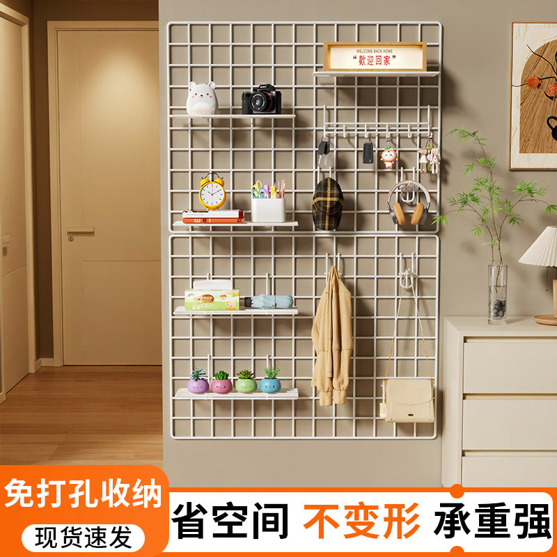 网格片墙上置物架免打孔铁丝网背景置物架挂架宿舍装饰挂件铁丝网