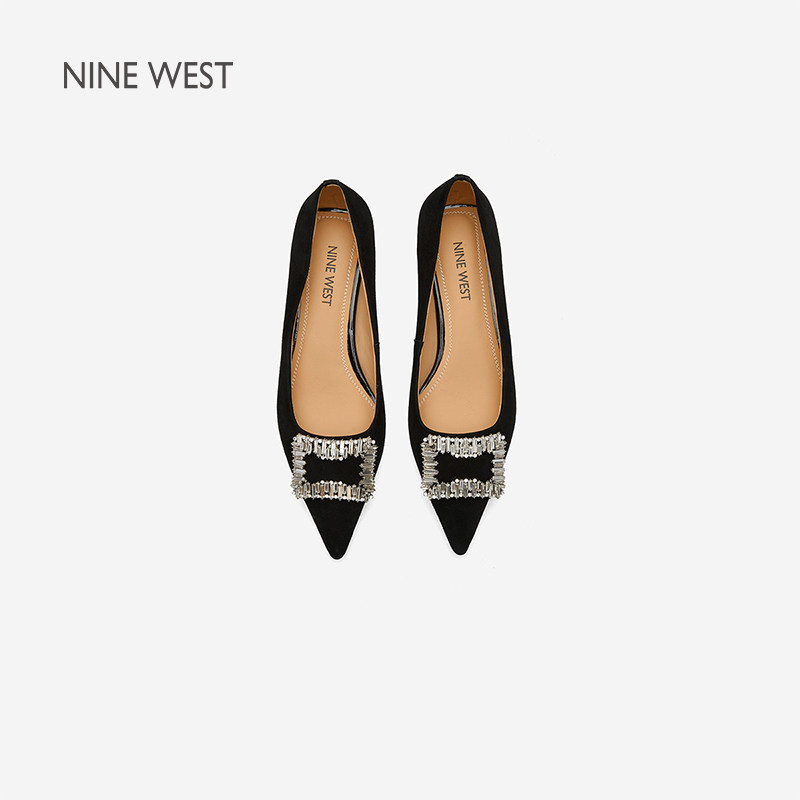 奥莱专供Nine West/玖熙2026年春中跟单鞋女尖头晶钻绒面猫跟女鞋