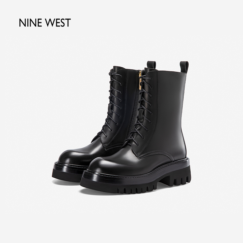 Nine West/玖熙厚底马丁靴女2023年秋冬新款瘦瘦靴经典款真皮靴子