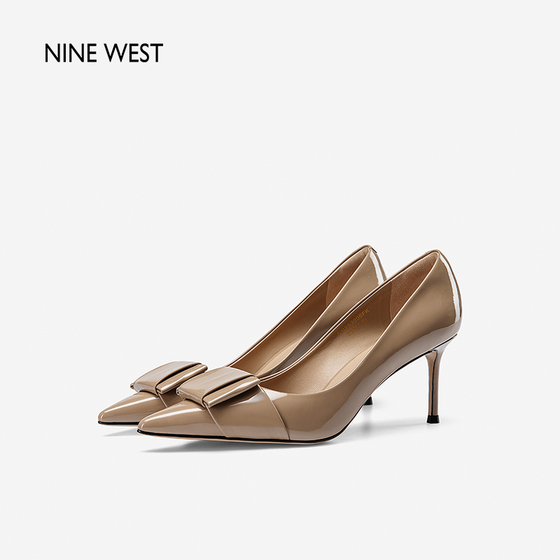 Nine West/玖熙高跟鞋2024年春季新款尖头细跟漆皮蝴蝶结通勤单鞋